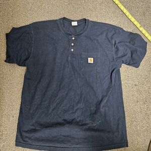 Carhartt Henley Shirt Mens XL Blue 100% Cotton Short‎ Sleeve Button Up